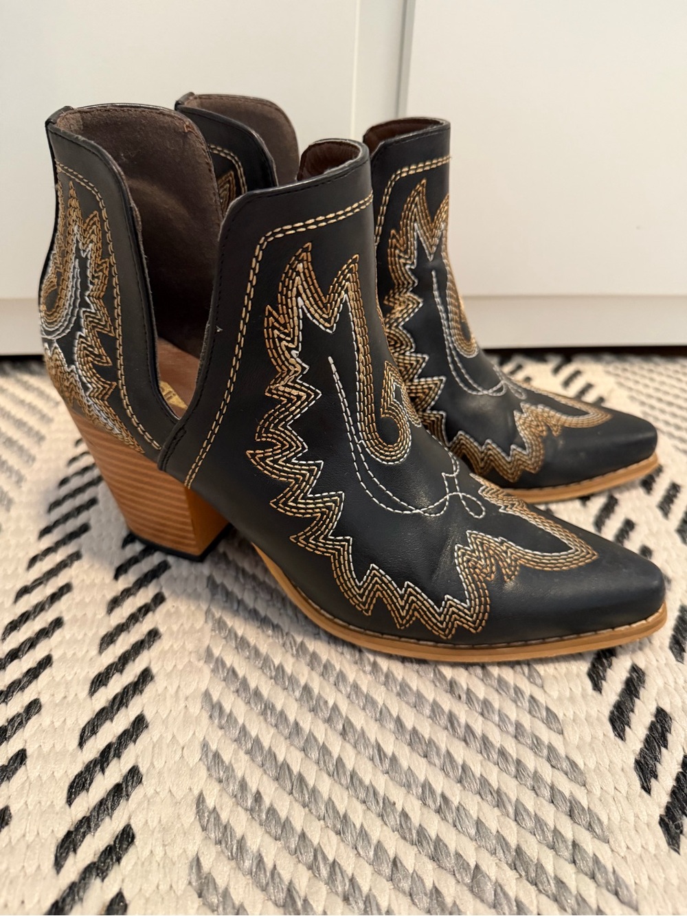 Black Western-Stitch Leather Ankle Boots